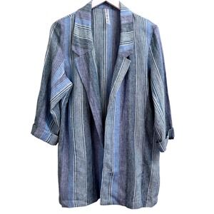 Banjara Blue Striped Linen Blazer ‎ Womens Large Cardigan Nautical Boat Coastal
